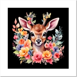 A deer decorated with beautiful watercolor flowers Posters and Art